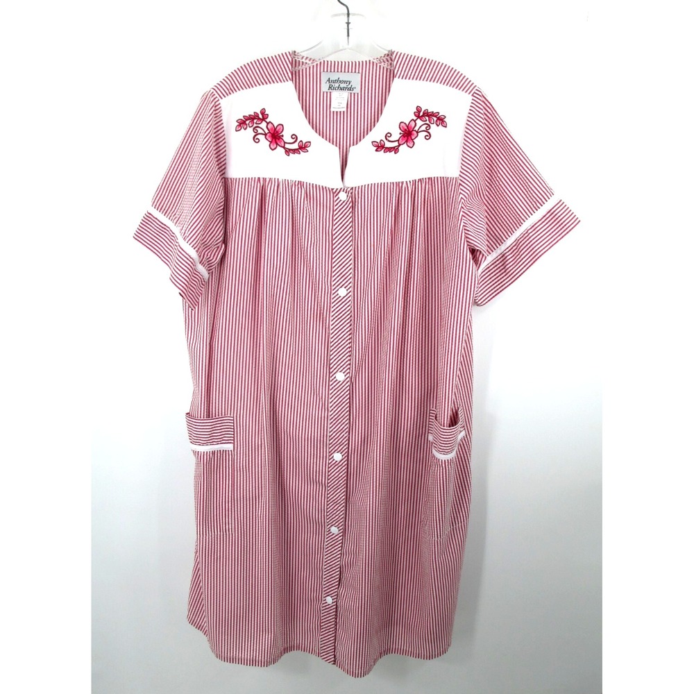 VTG ANTHONY RICHARDS House Dress L Red Stripe Floral Nightgown Patio Snap Front